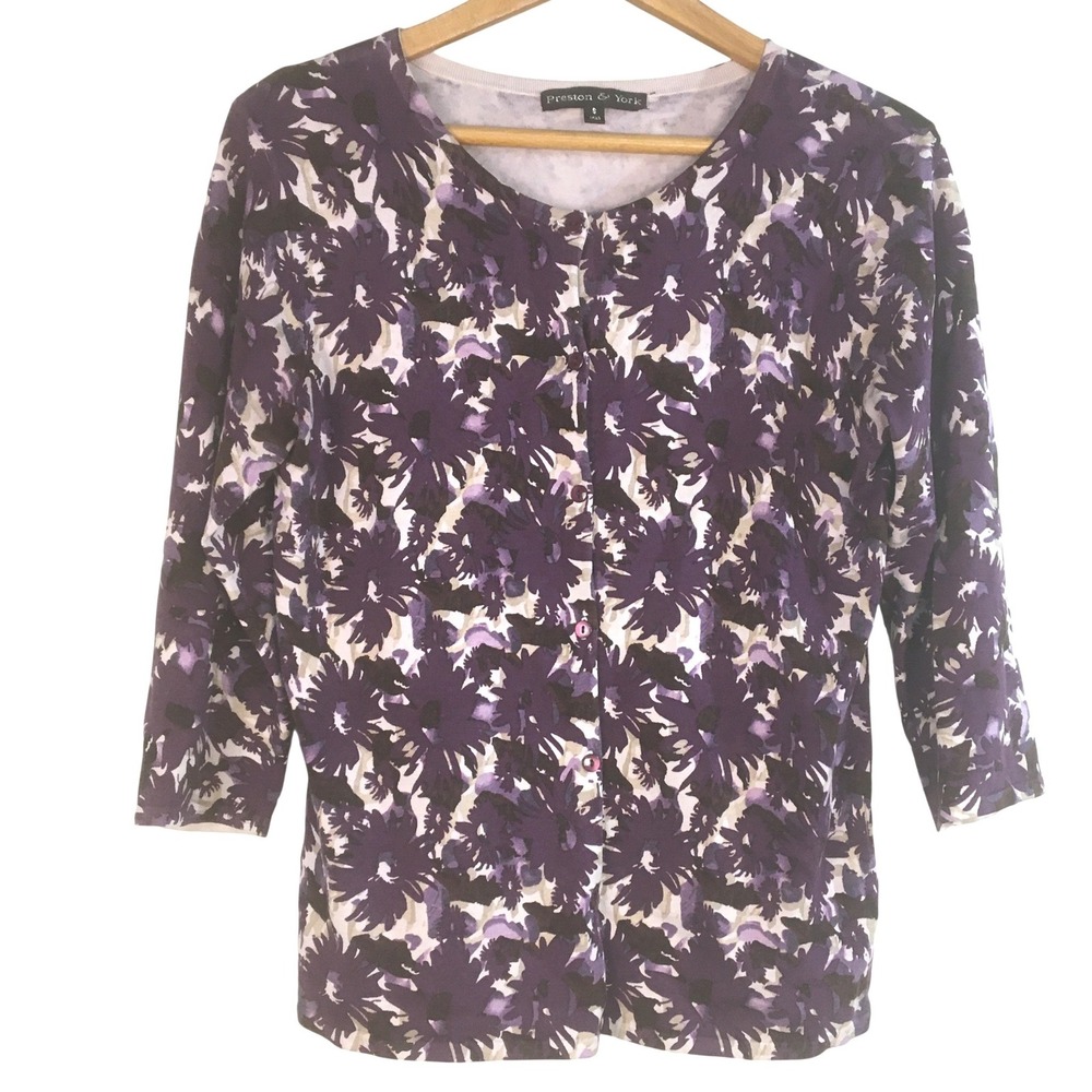 Preston & York Womens Silk Blend Dark Floral Print 3/4 Sleeve Cardigan Purple‎ S
